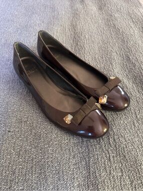 Stuart Weitzman Dark Brown Patent Bow Flats with Crystal Accent
